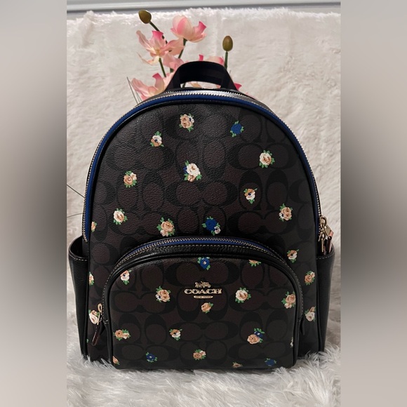 coach backpack rose print 30954 Campus 23 In Signature – Balilene Charlie Backpack In Tea Rose Floral Print Nylon (Coach F57635)Silverblack Multidetailsprinted Nyloninside Zip And Multifunction Pocketszip Coach Backpack 30954 Rose Print,